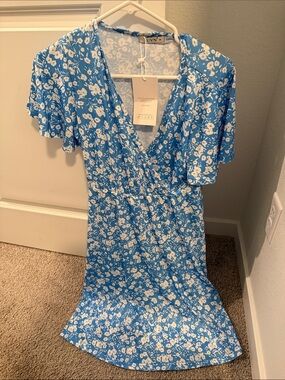 Amazon Blue Floral Wrap-Style Midi Dress